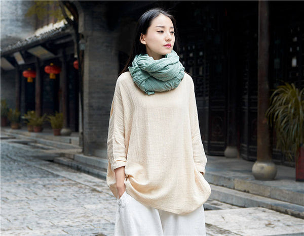 Retro Women cotton and linen Round Neck loose long-sleeved T-shirt