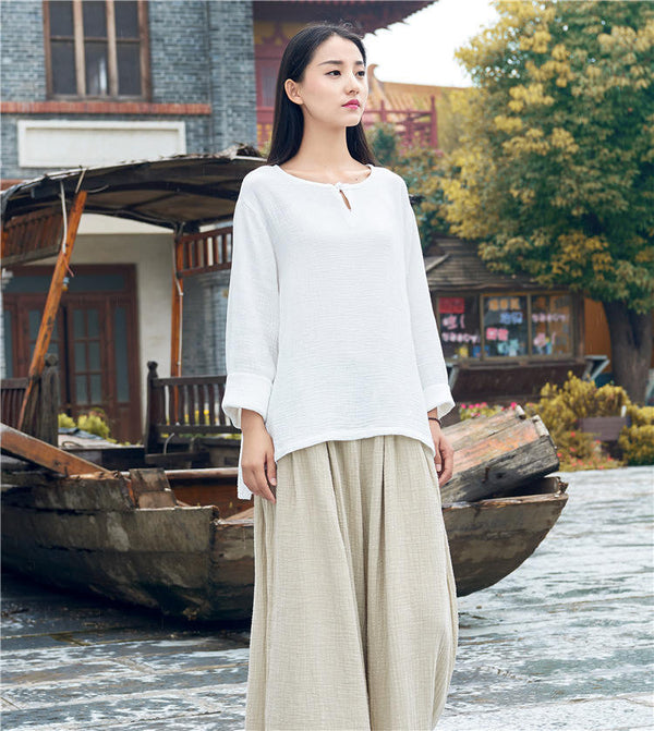 Retro Asian Style Women cotton and linen Round neck loose long-sleeved T-shirt