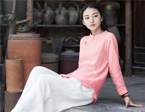 Retro Chinese Style Women cotton and linen Round neck loose long-sleeved Blouses