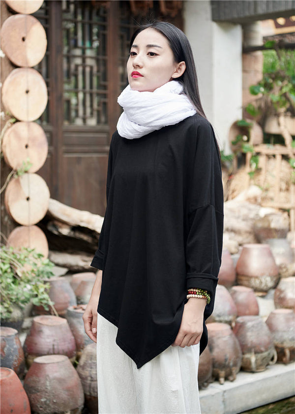 Women cotton and linen Simple Round neck loose long-sleeved T-shirt