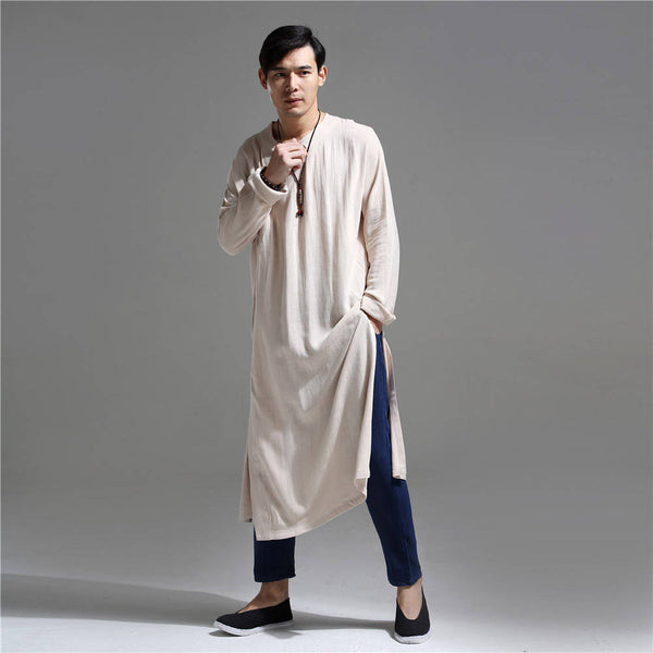 Men Chinese Traditional Causal Style Kung Fu Tai Chi Hanfu Linen and Cotton Long Cheongsam