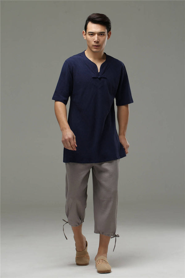 Men Casual Simple Pure Color Cotton and Linen Capri Pants