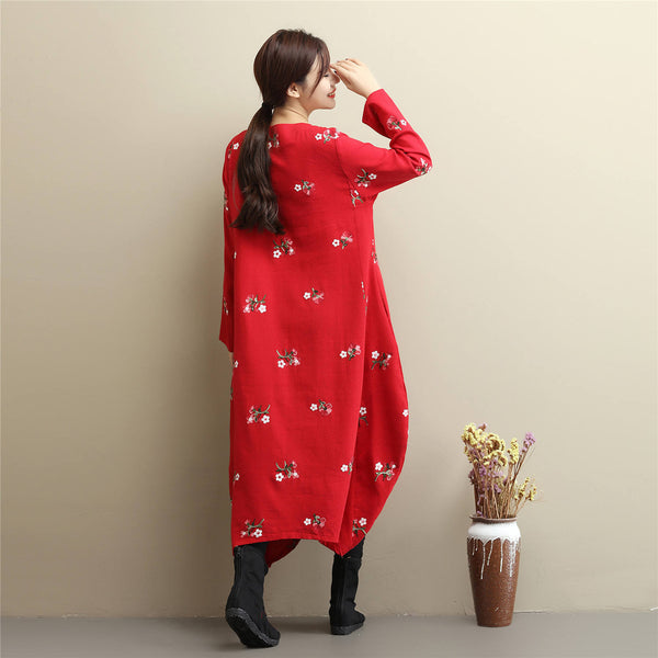 Women Eastern Style Linen and Cotton Tea Length Embroidery Hangfu Type Dress
