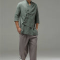 30% Sale!!! Men Casual Loose Three Buckle Asymmetrical Linen and Cotton T-shirt Tops