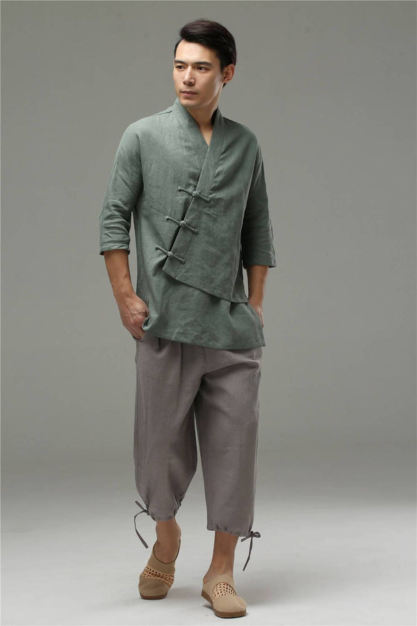 30% Sale!!! Men Casual Loose Three Buckle Asymmetrical Linen and Cotton T-shirt Tops