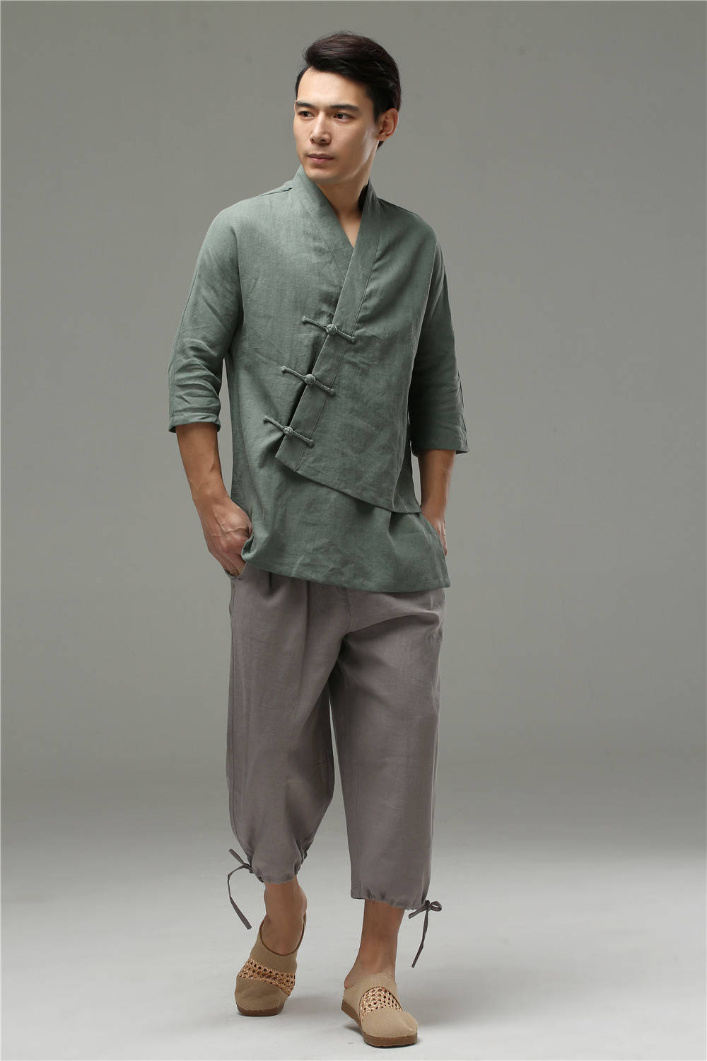 Men Casual Loose Three Buckle Asymmetrical Linen and Cotton T