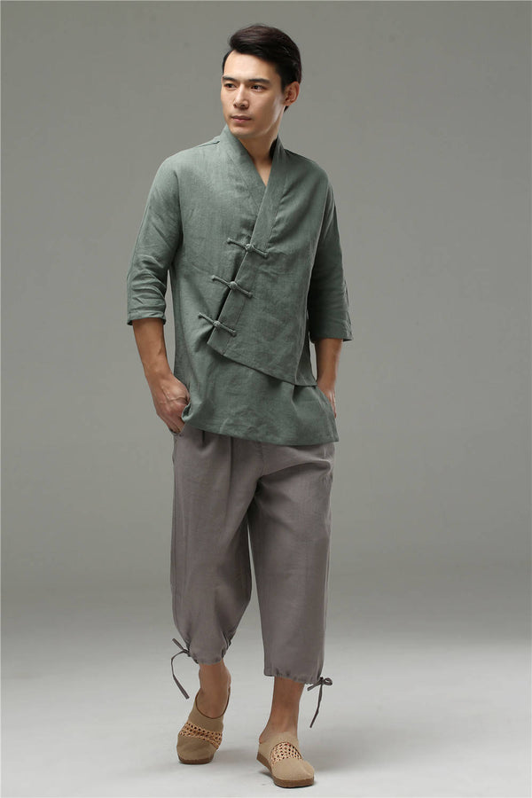 Men Casual Loose Three Buckle Asymmetrical Linen and Cotton T-shirt Tops