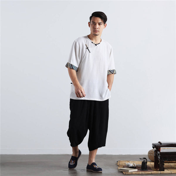 Men Chinese Folk Style Short Sleeve Linen and Cotton T-shirts Tops