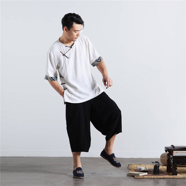 Men Chinese Folk Style Short Sleeve Linen and Cotton T-shirts Tops