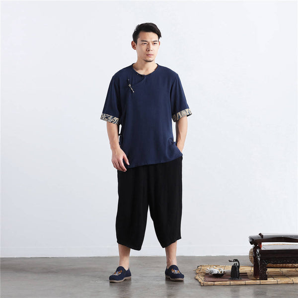 Men Chinese Folk Style Short Sleeve Linen and Cotton T-shirts Tops