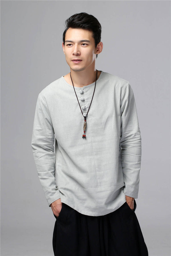 Men Chinese Folk Style Long Sleeve Linen and Cotton T-shirt Top