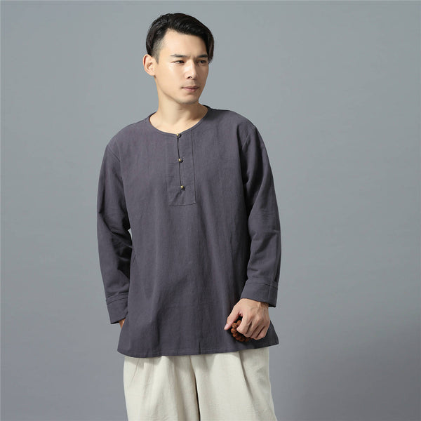 Men Retro Casual Linen and Cotton T-shirt Top