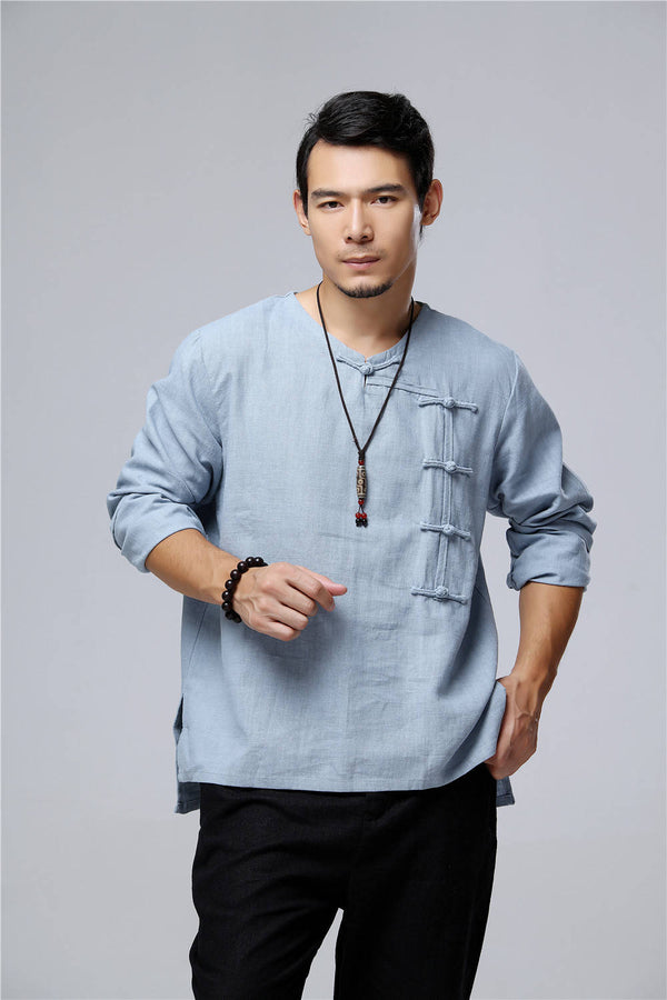 Men Chinese Style Retro Round Neck Linen and Cotton T-shirt Top