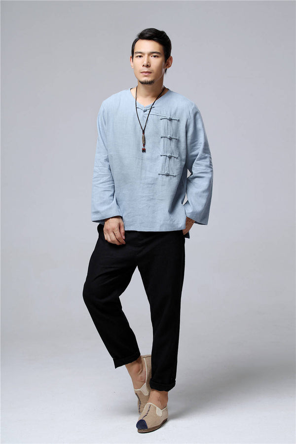 Men Chinese Style Retro Round Neck Linen and Cotton T-shirt Top