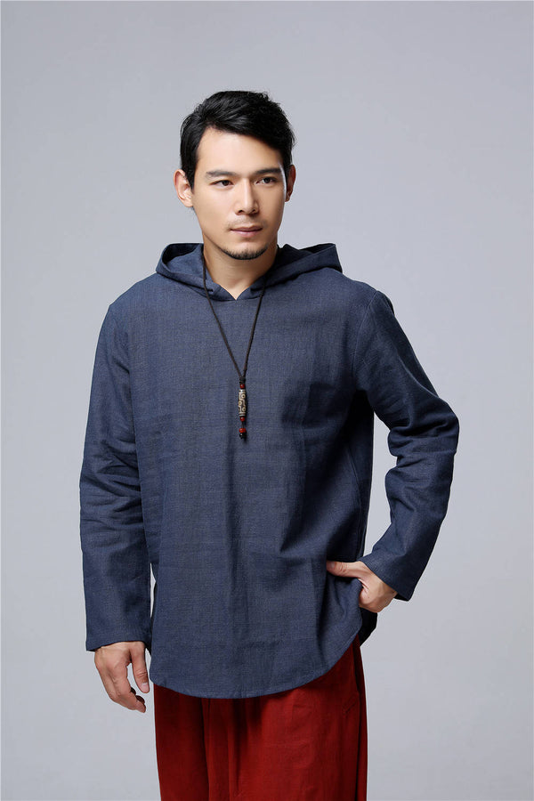 Men Simple Casual Style Pullover Linen and Cotton Sweatshirt Hoodies