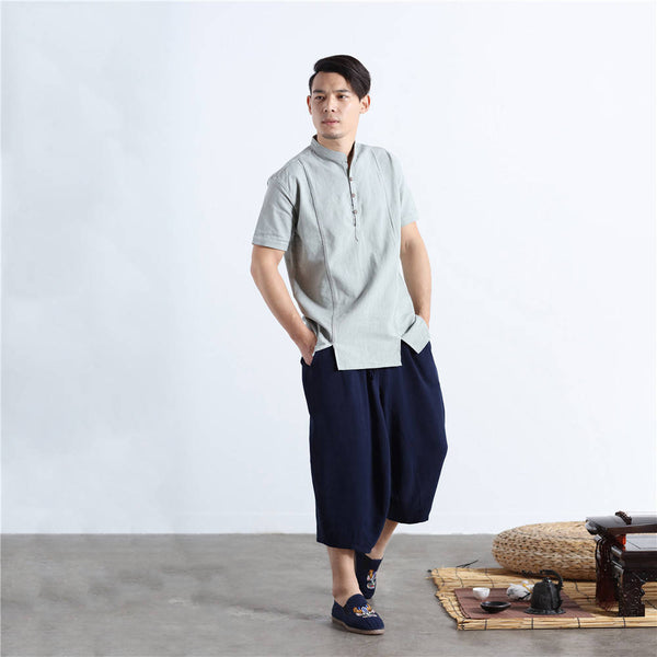 Men Chinese Style Short Sleeve Linen and Cotton T-shirt Top