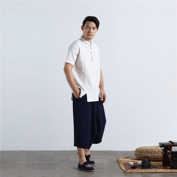 Men Chinese Style Short Sleeve Linen and Cotton T-shirt Top