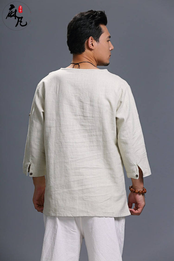 Men Loose Causal V Collar Linen and Cotton Short Sleeve T-shirt Top