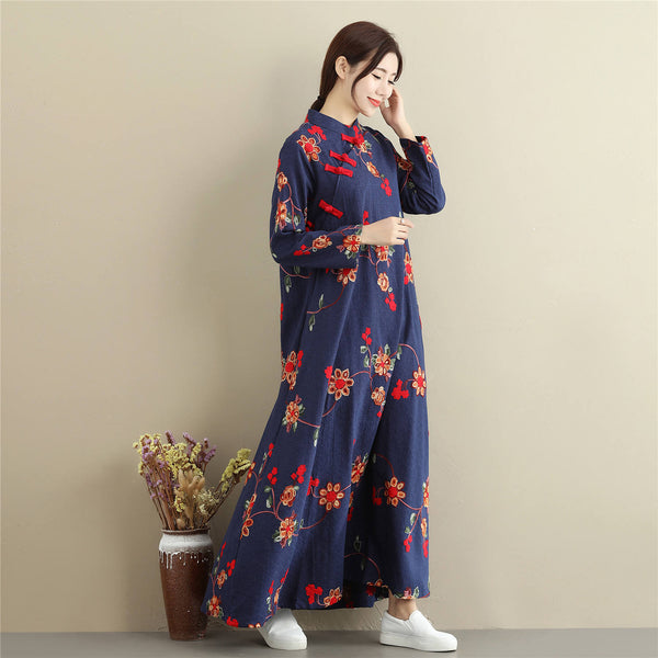 Women Linen and Cotton Chinese Style Retro Embroidered Stand Collar Buckle Ankle Length Dress