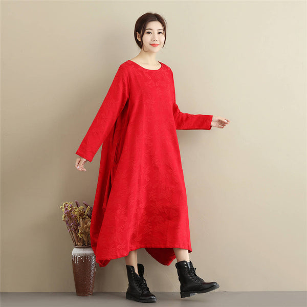 Women Lantern Skirt Style Jacquard Causal Linen and Cotton Tea Length Dress