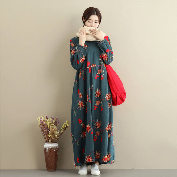 Women cotton and linen dress – Retro Loose Causal Ankle Lenght Dress