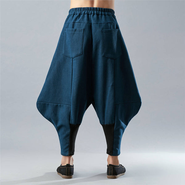 New Style Loose Pure Color Cotton and Linen Men Hanging Crotch Pants (inner layered with velvet)