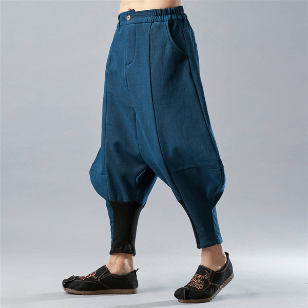 New Style Loose Pure Color Cotton and Linen Men Hanging Crotch Pants (inner layered with velvet)