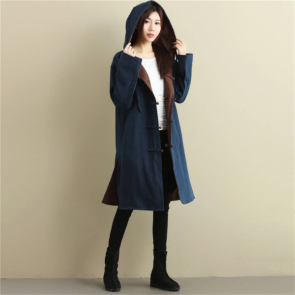 Women Simple Pure Color Double-sided Linen and Cotton Coat Hoodie
