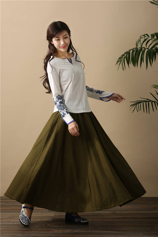 Women Retro Pure Color Loose Linen and Cotton Ankle Length Skirt