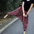 Women Loose Stripe Patterned Cotton and Linen Hanging Crotch Pants