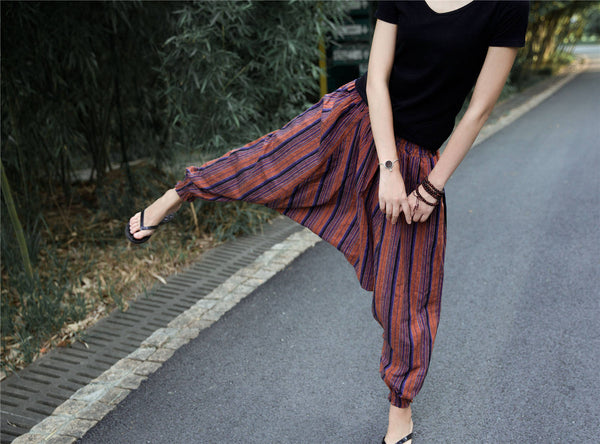 Women Loose Stripe Patterned Cotton and Linen Hanging Crotch Pants