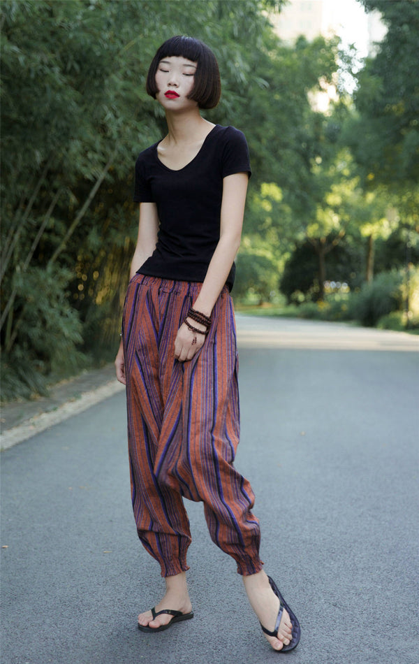 Women Loose Stripe Patterned Cotton and Linen Hanging Crotch Pants