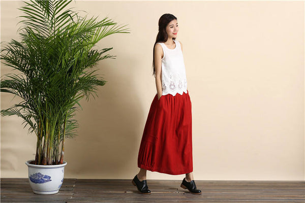 Women Retro Pure color Linen and Cotton Ankle Length Bud Skirt