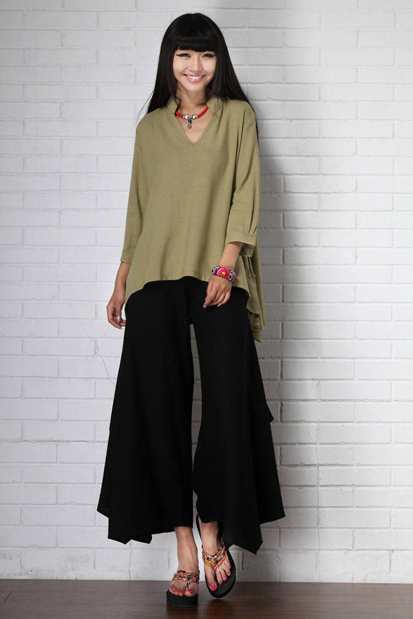 Women Pure Color Linen and Cotton Wide Leg Pants