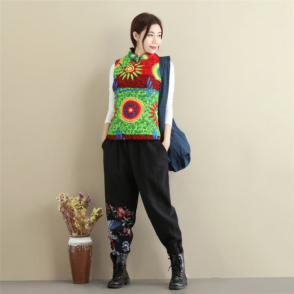 Women Retro Asian Style Quilted Printed Cotton Vest