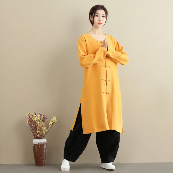 Women Chinese Style Retro Pure Color Long Sleeve Tea Length Dress Type Tunic