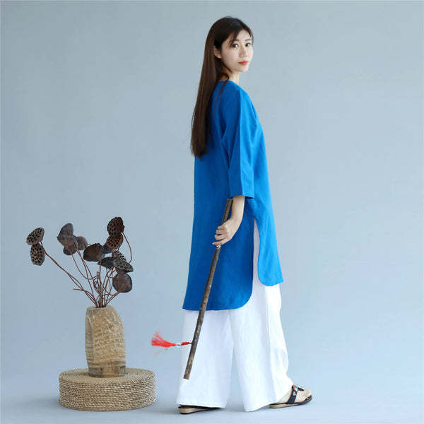 Women Retro Pure Color Three-Quarter Sleeve Above Knee Dress Type Tunic