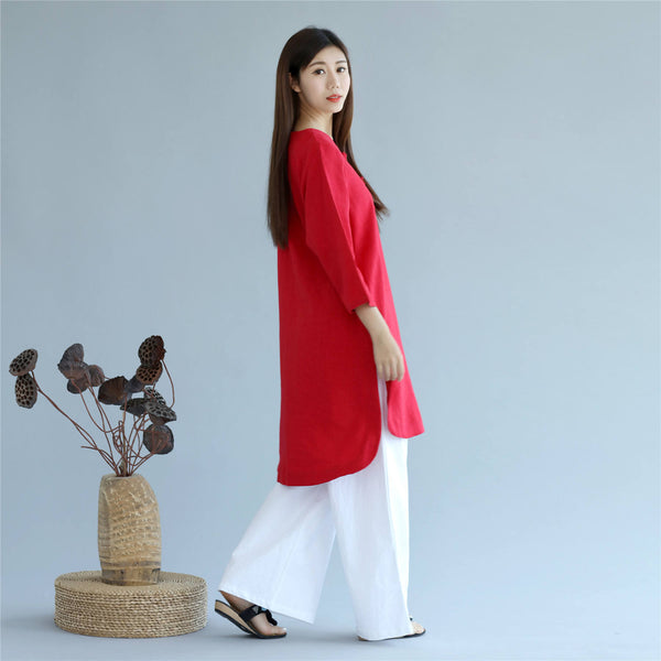 Women Retro Pure Color Three-Quarter Sleeve Above Knee Dress Type Tunic