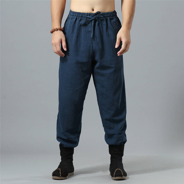 Men Causal Pure Color Cotton and Linen KungFu Jogger Pants