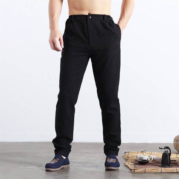 Men Pure Color Cotton and Linen Straight Type Jogger Pants