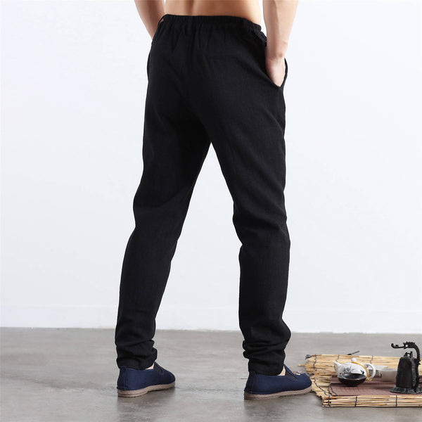 Men Pure Color Cotton and Linen Straight Type Jogger Pants