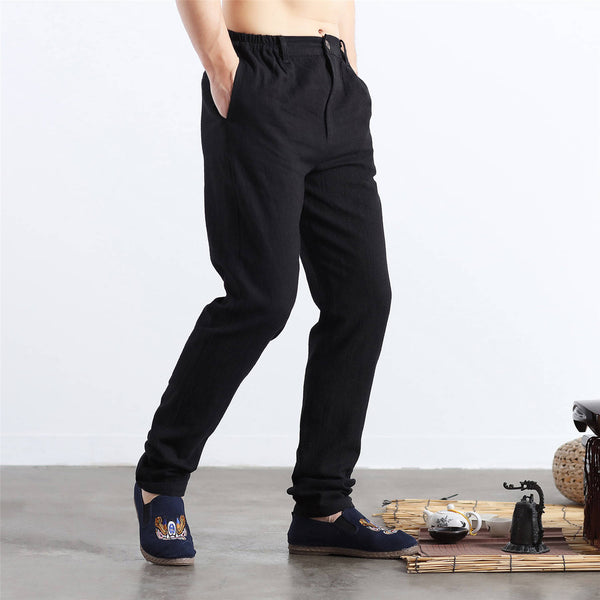 Men Pure Color Cotton and Linen Straight Type Jogger Pants