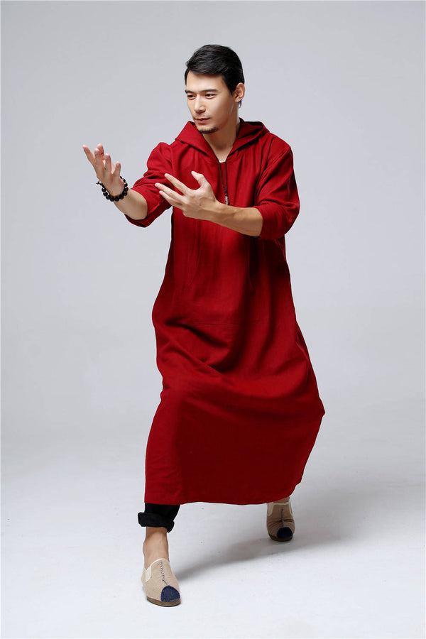 Men Pullover Loose Coat KungFu Style Linen and Cotton Long Tunics Hoodies