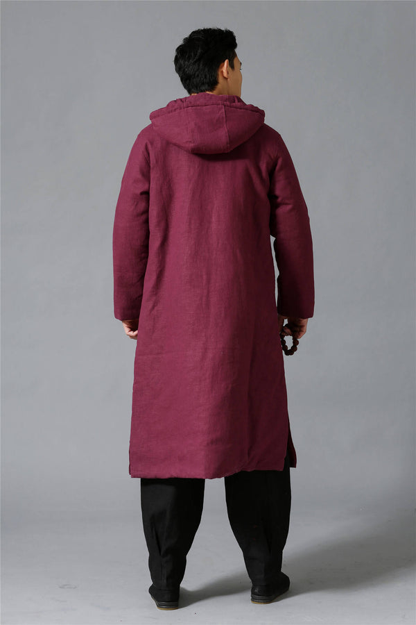 Men New Hangfu Kungfu Style Linen and Cotton Quilted Long Coat Hoodie