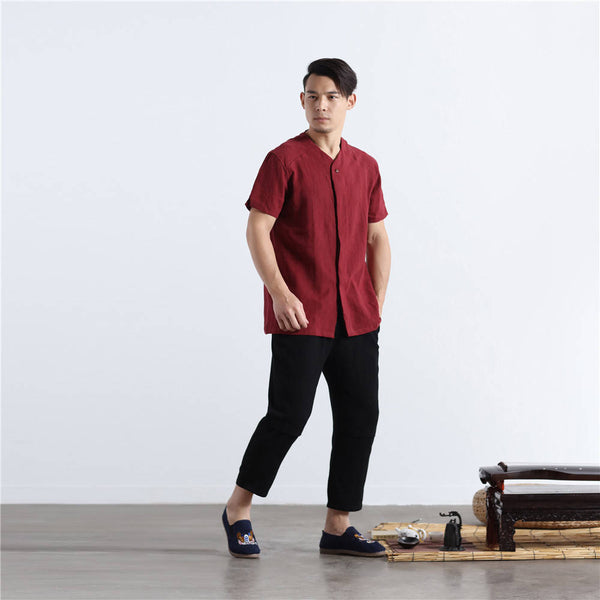 Men Casual Simple Pure Color Cotton and Linen Straight Type Cropped Pants