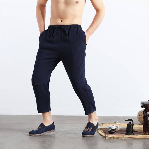Men Casual Simple Pure Color Cotton and Linen Straight Type Cropped Pants