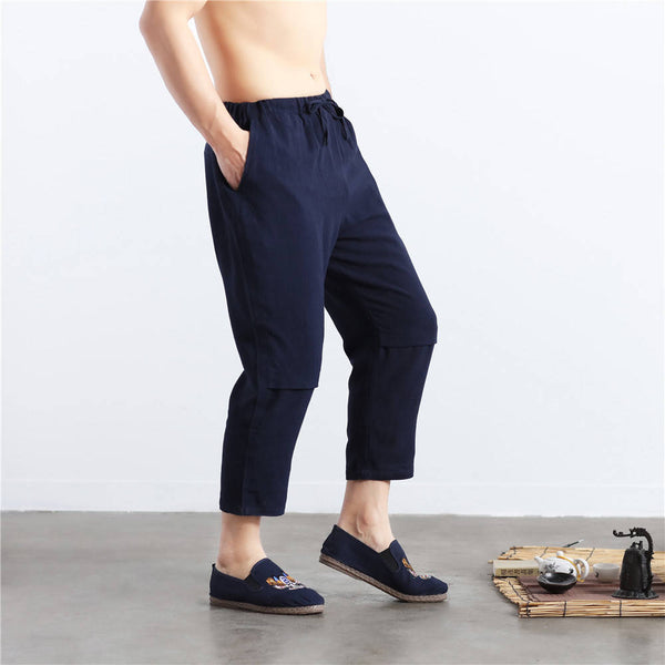 Men Casual Simple Pure Color Cotton and Linen Straight Type Cropped Pants