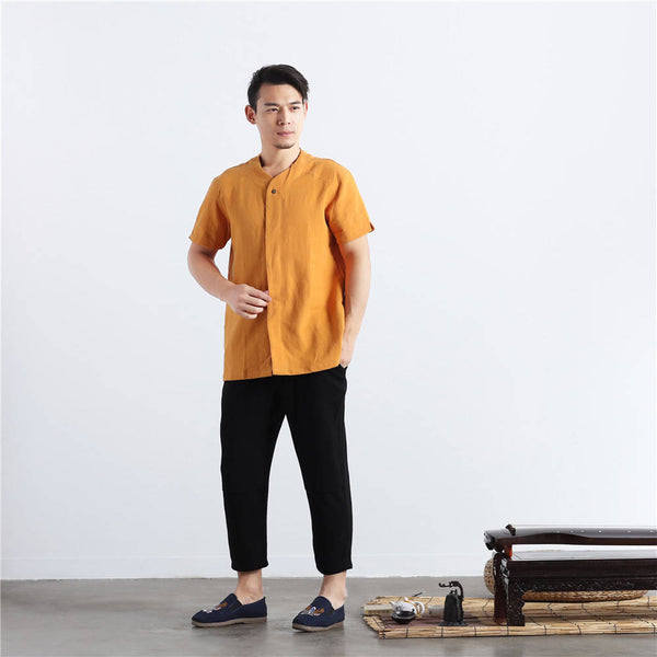 Men Casual Simple Pure Color Cotton and Linen Straight Type Cropped Pants