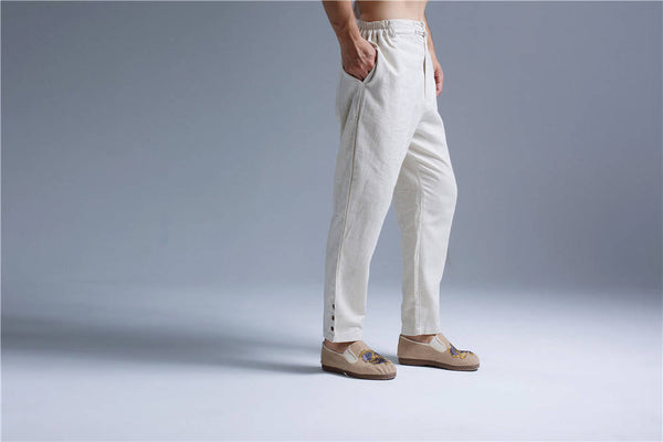 Men Casual Pure Color Cotton and Linen Straight Type Leg Opening Buckle Pants
