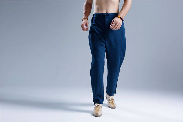 Men Casual Pure Color Cotton and Linen Straight Type Leg Opening Buckle Pants
